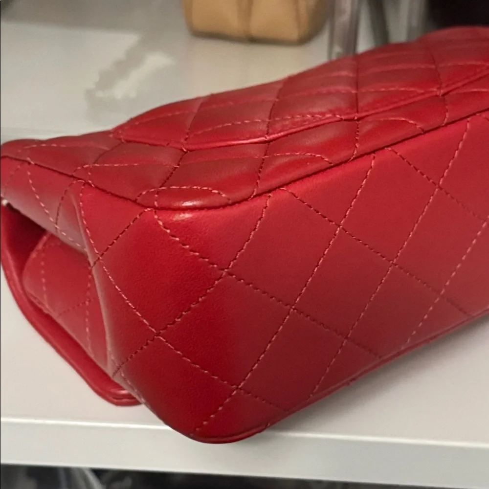 Authentic Chanel Classic Red Quilted Rectangle Mini Lambskin Bag